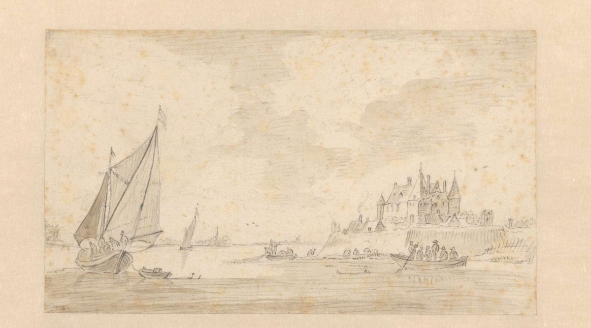 River landscape with castle (Loevestein?)., anonymous, 1600 - 1699