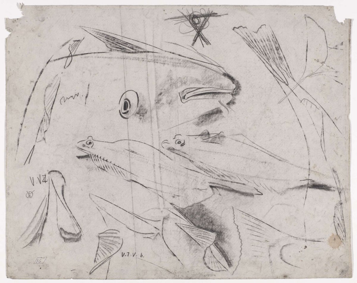 Sketch sheet with different fish, Gerrit Willem Dijsselhof, 1876 - 1924