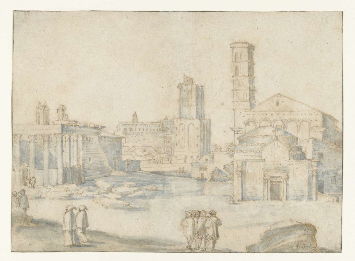 View of Forum Romanum with the temple of Antony and Faustina, anonymous, c. 1575 - before 1585