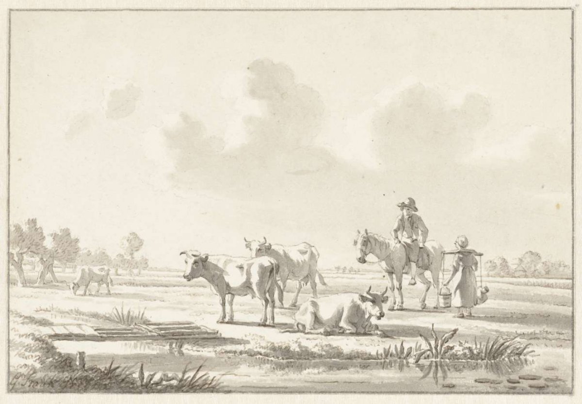 Landscape with cows, a man on a horse and a woman, Gillis Smak Gregoor, 1780 - 1843