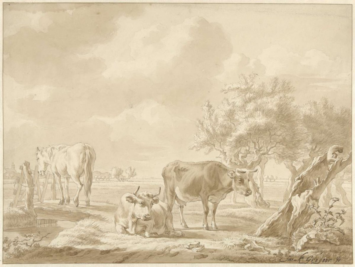 Two cows and a horse in a meadow with pollard willows, Gillis Smak Gregoor, 1780 - 1843
