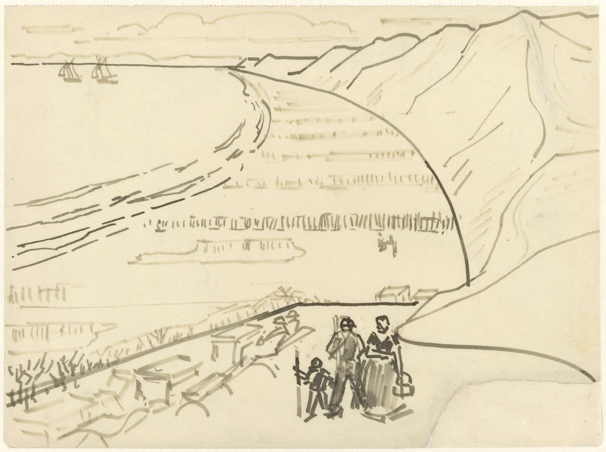 View of the sea from the hills with a family on a terrace in the foreground, Jan Toorop, 1868 - 1928