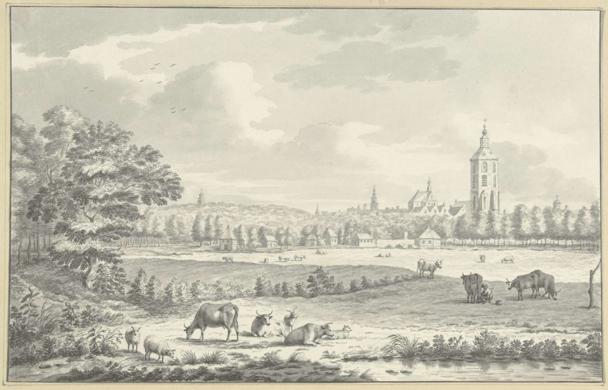 View across meadows to a city, anonymous, 1700 - 1800
