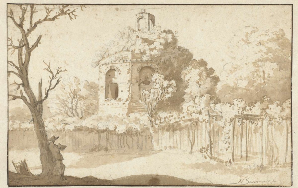 Landscape with ruin and draftsman, Herman van Swanevelt, 1629 - 1641