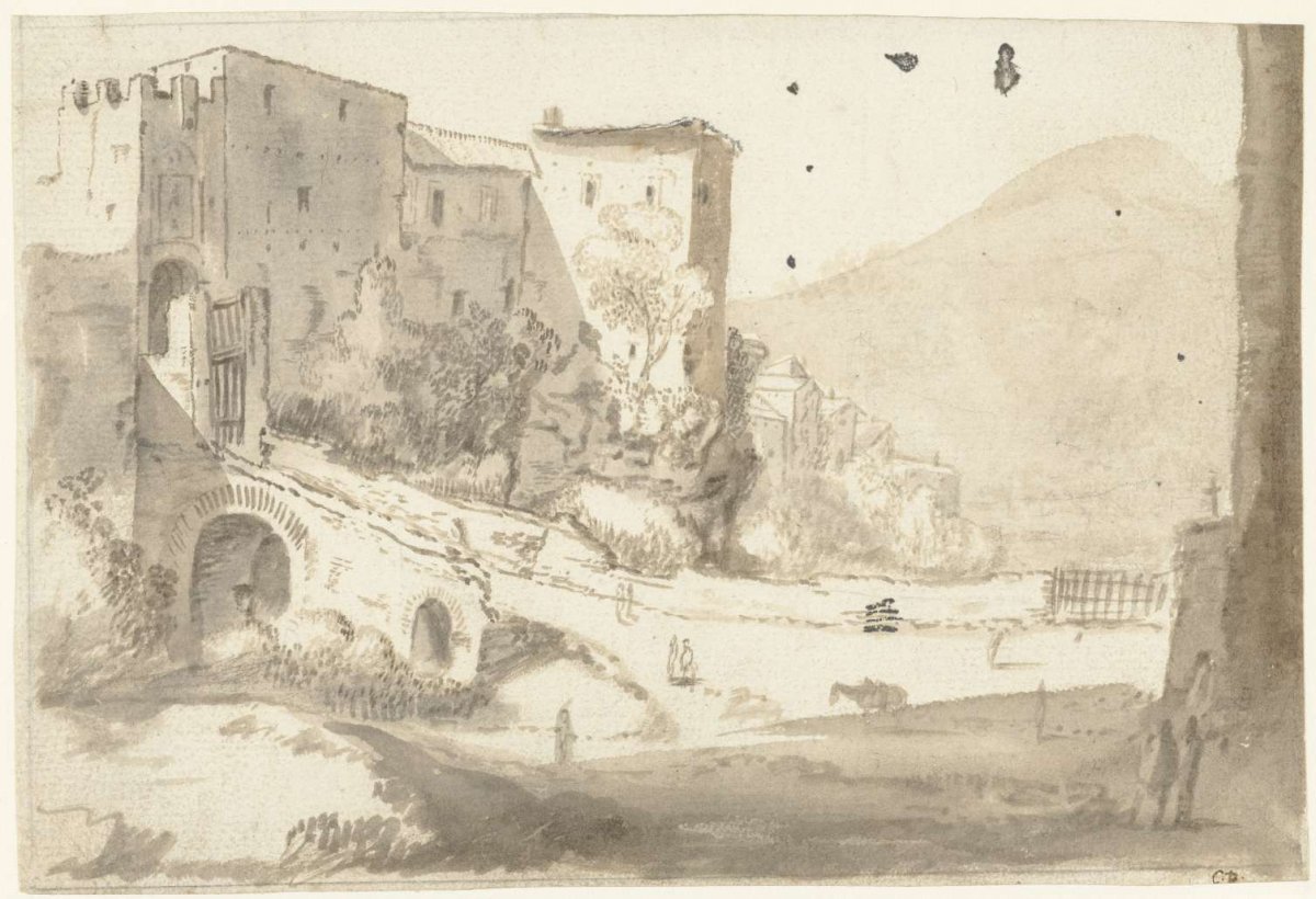 Italian landscape with a city gate on the left, Cornelis van Poelenburch, 1600 - 1667