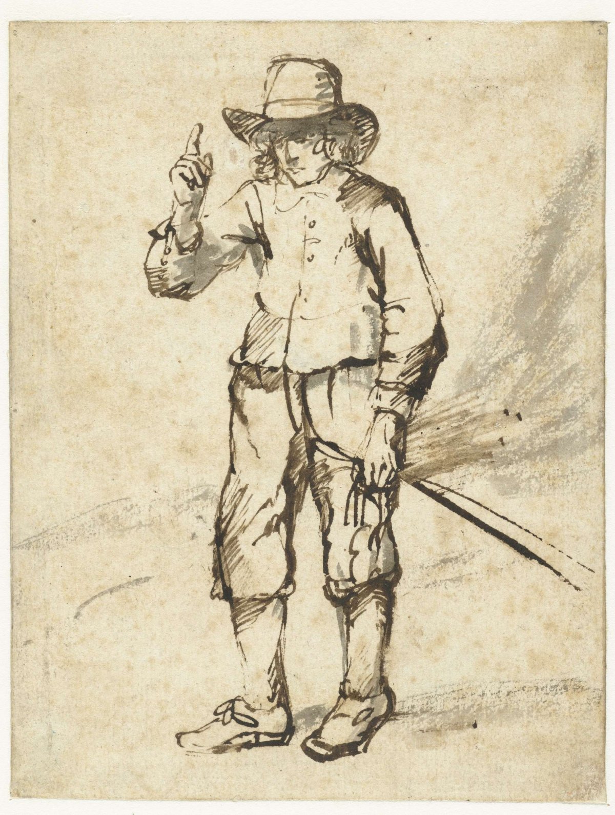 Standing Boy Holding a Whip and Raising his Right Hand, Rembrandt van Rijn, c. 1640 - c. 1650