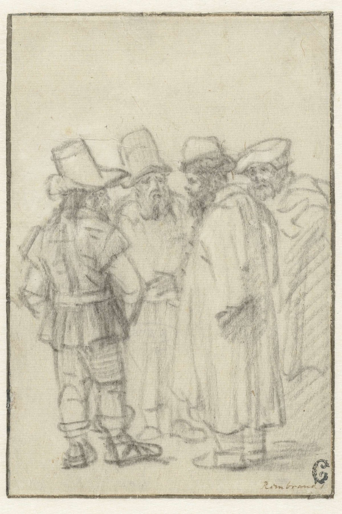 Four Men Standing, Wearing Hats, Rembrandt van Rijn, c. 1650