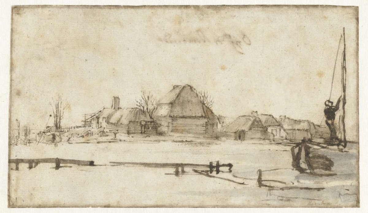 Winter View with a Waterway, Cottages and Two Boats, Rembrandt van Rijn, c. 1650