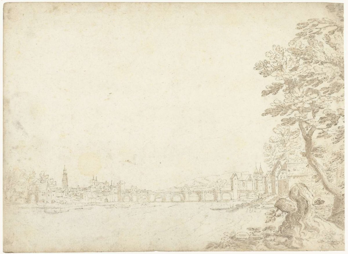 View of a city on a river (the Danube?)., Frederik van Valckenborch, 1598 - 1599