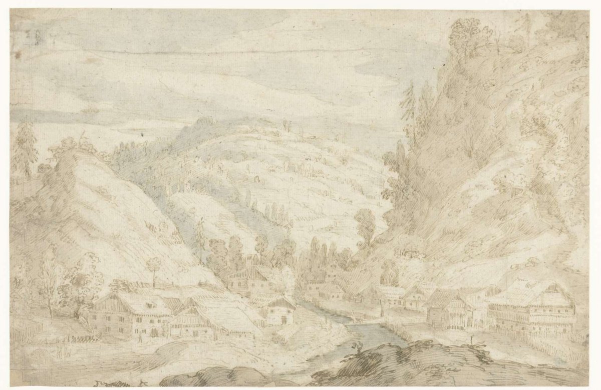 View of a valley with a village and a mountain stream, Frederik van Valckenborch, 1598 - 1599