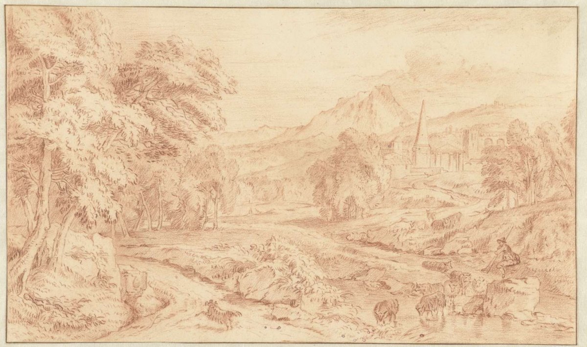 Italianate Landscape with a Shepherd and his Flock by the Water, anonymous, 1650 - 1725