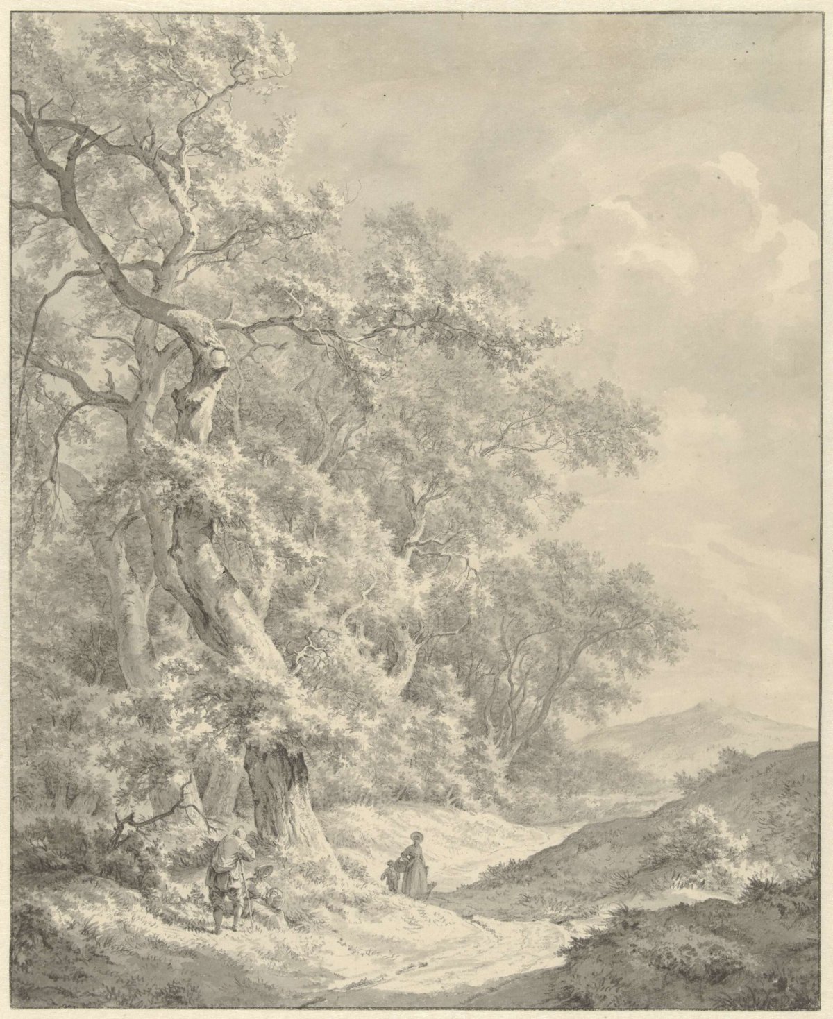 Landscape with hikers on path along forest, Franciscus Andreas Milatz, 1774 - 1808