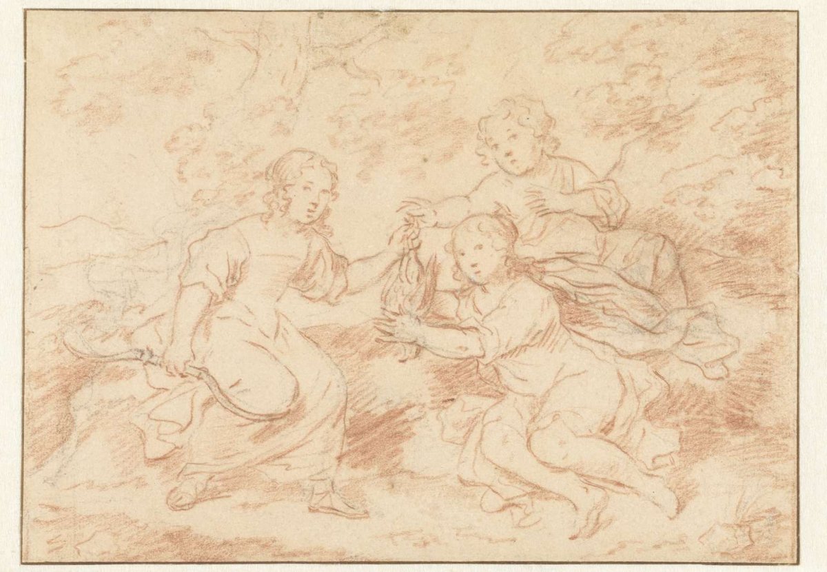 Three children in a landscape, Caspar Netscher, 1649 - 1684