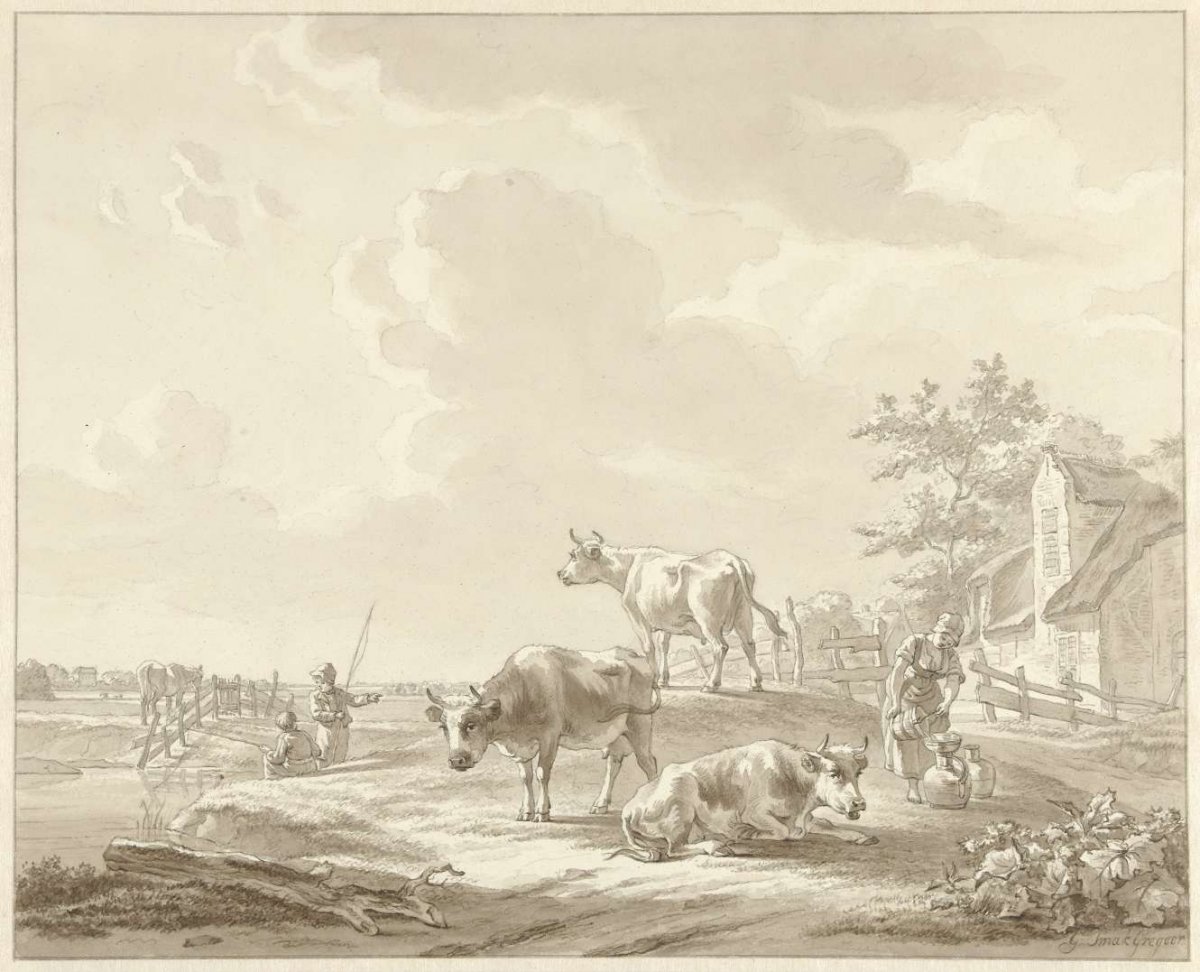 Three cows at a farm, two fishing boys and a woman, Gillis Smak Gregoor, 1780 - 1843