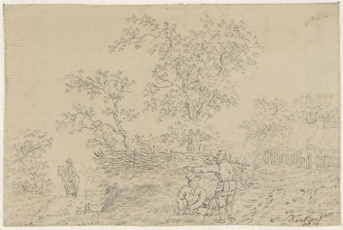 Landscape with two boys in the foreground, anonymous, 1826