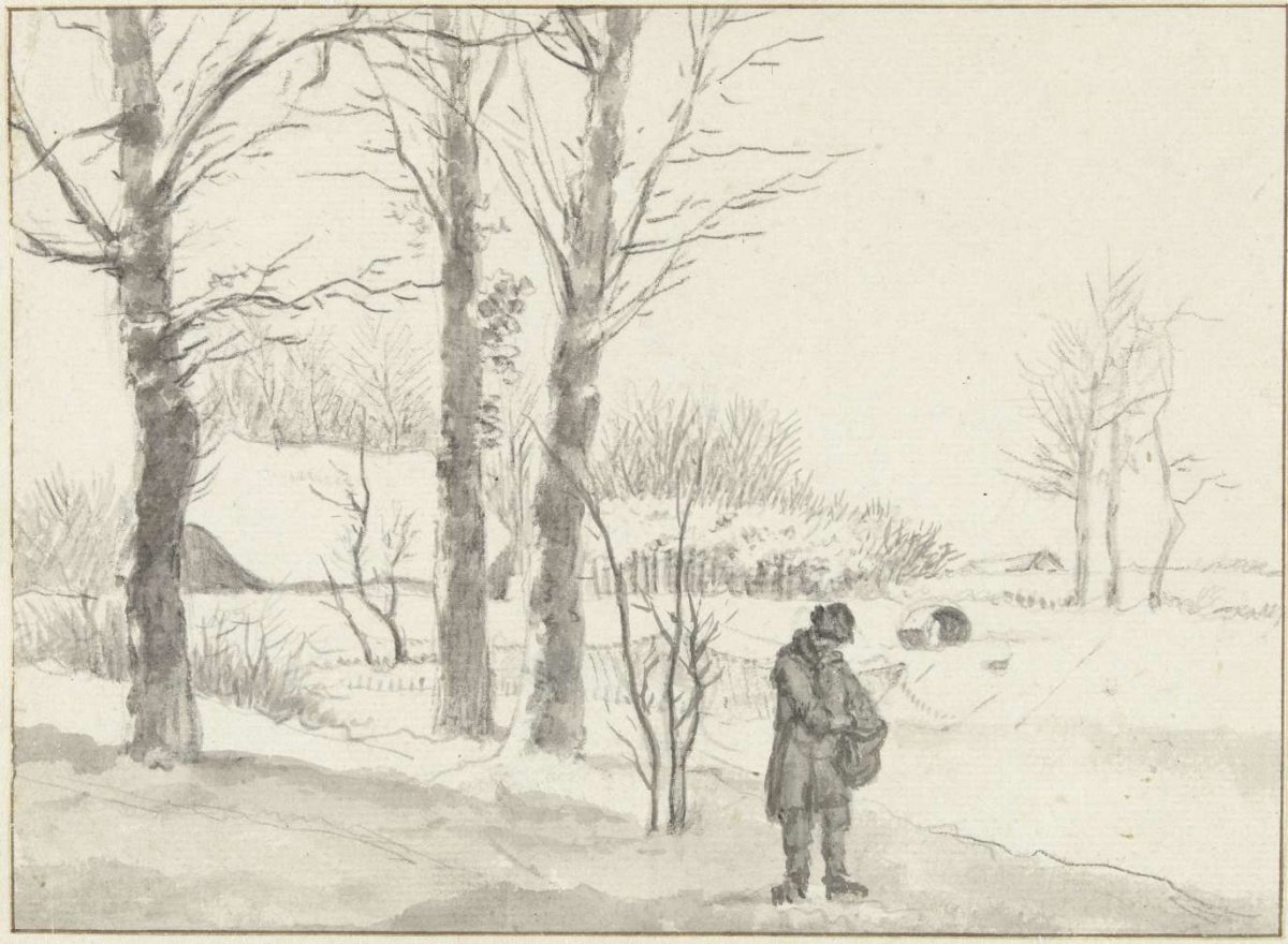 Snow landscape with standing man, Jacob Ernst Marcus, 1784 - 1826