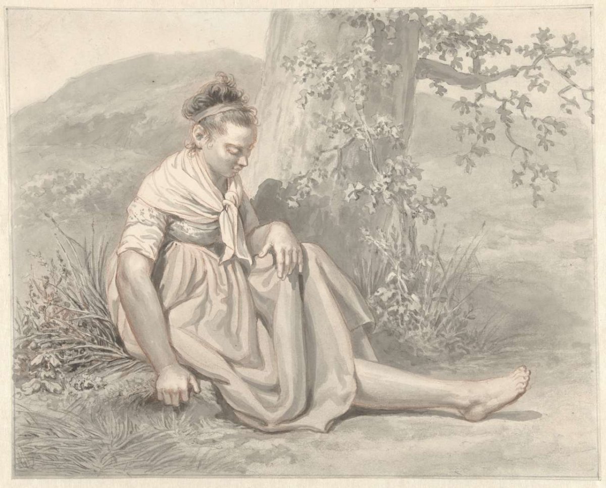 Peasant girl sitting on the ground next to a tree, Jacob Ernst Marcus, 1806