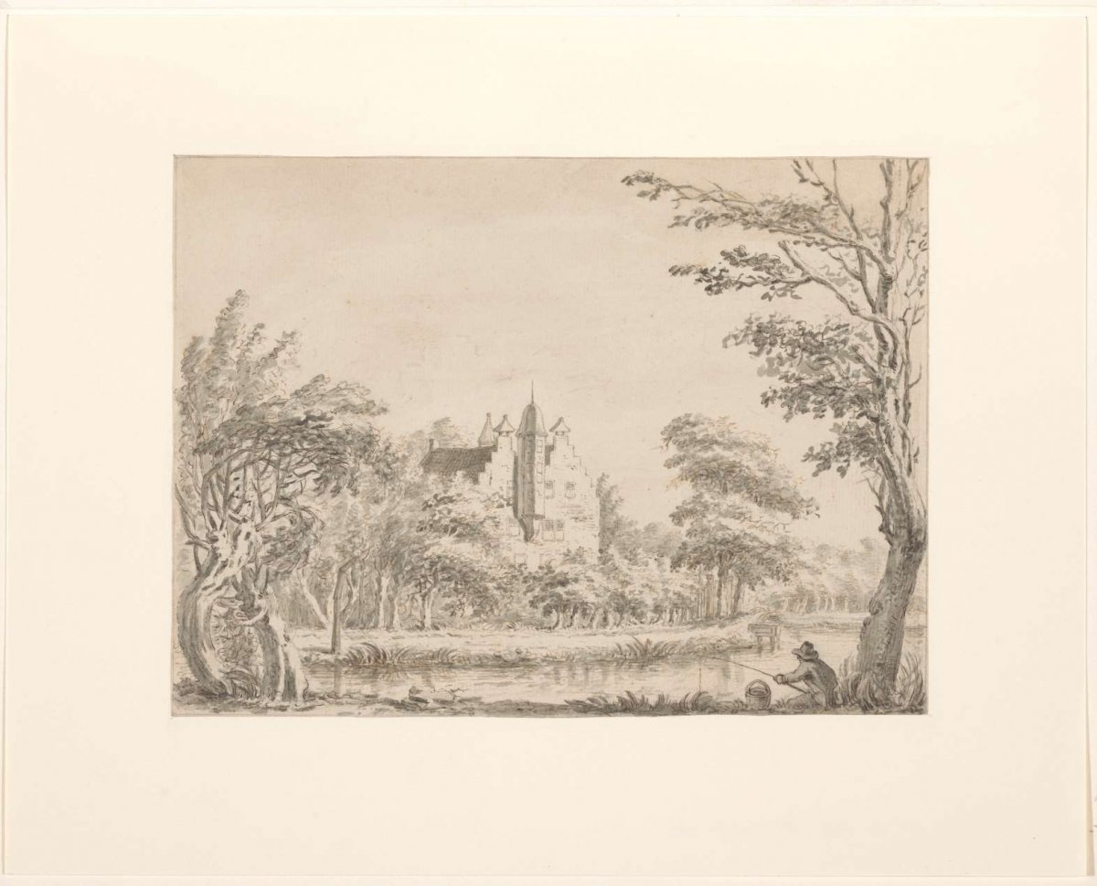 Oudaan house with an angler in the foreground, Jacob Ernst Marcus, 1784 - 1826