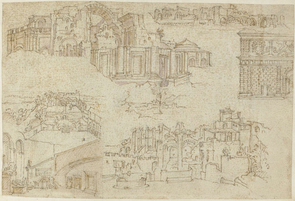 Ruins and buildings in Rome and Antwerp, anonymous, c. 1550 - c. 1570