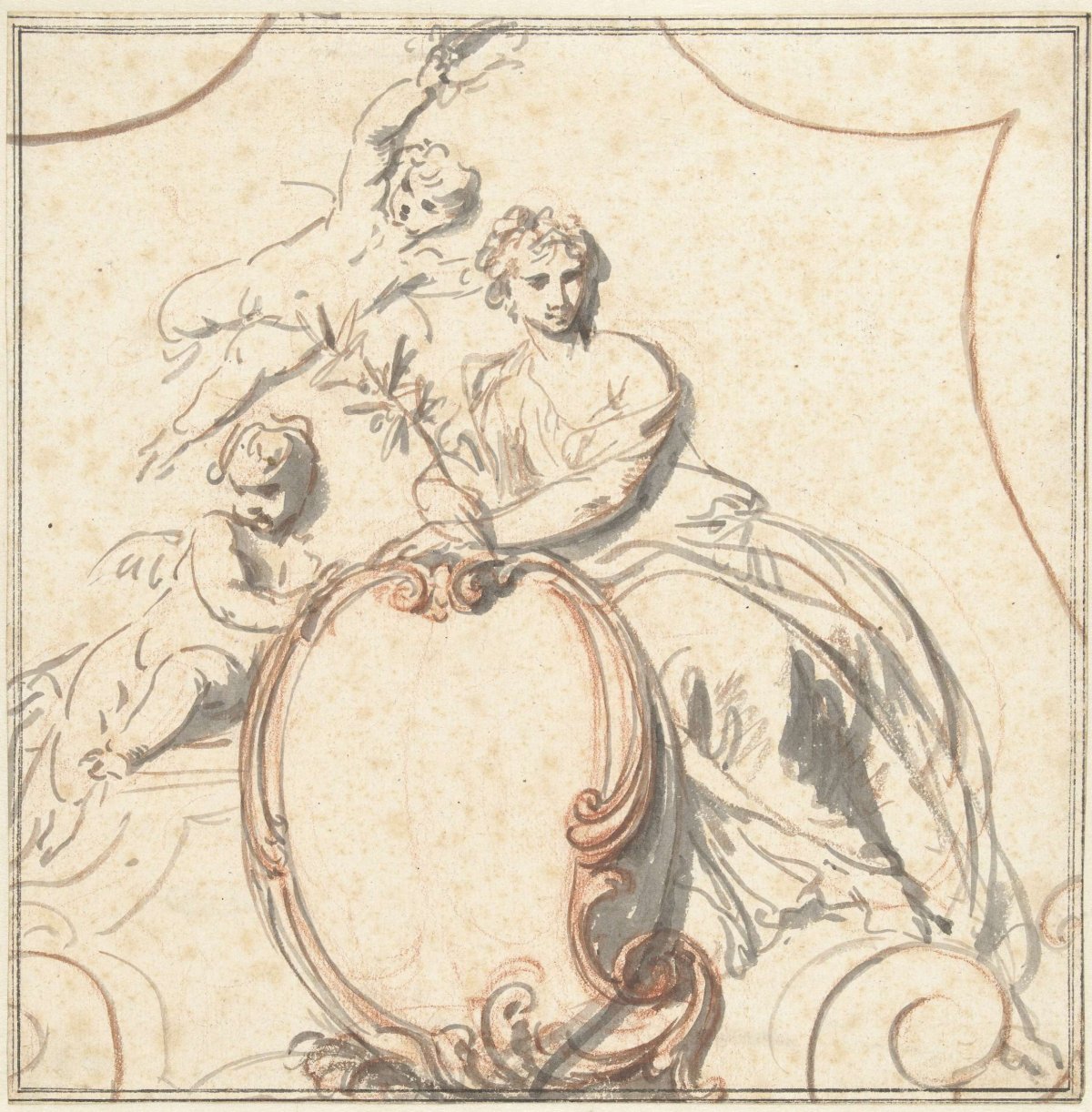 Allegorical female figure with two putti above a rocaille cartouche, Jacob de Wit, 1731