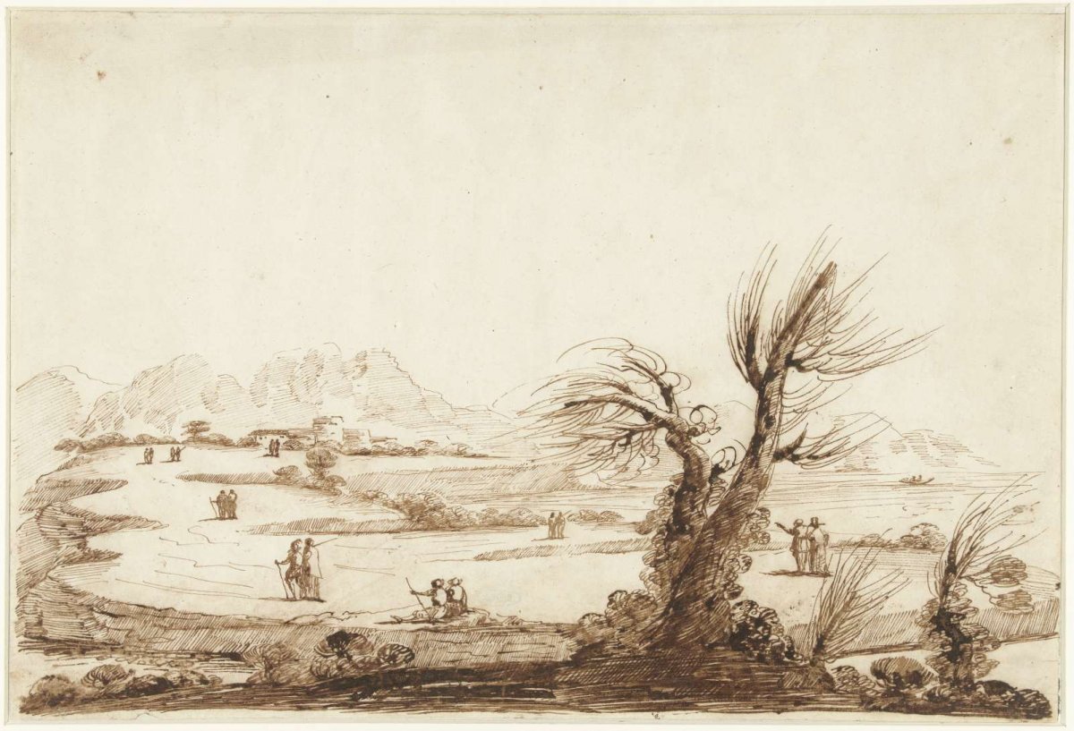 Landscape with figures and a bare willow in the foreground, Guercino, 1601 - 1666