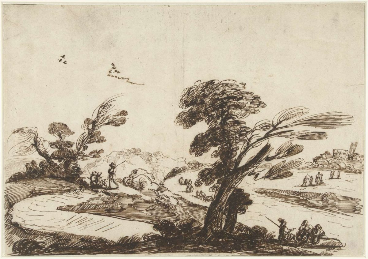 Landscape with figures and a large willow in the foreground, Guercino, 1601 - 1666