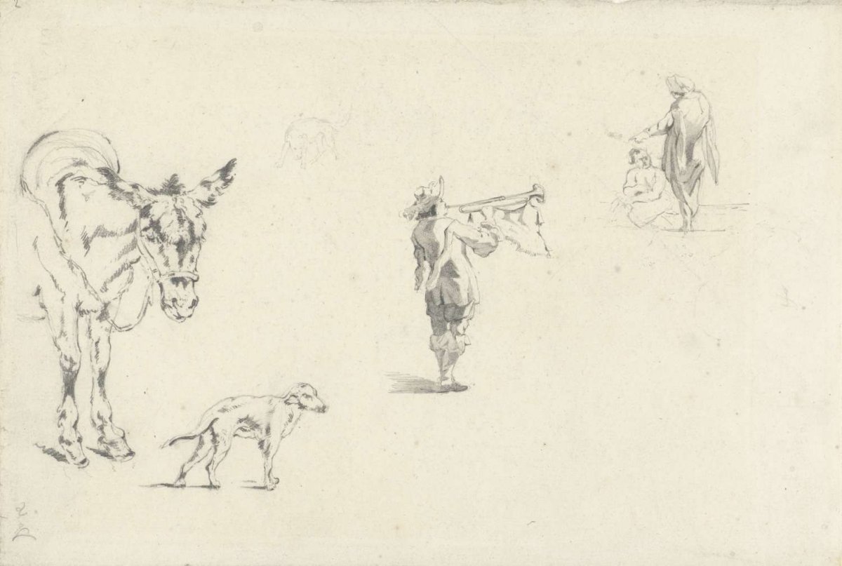 Studies of a donkey, a dog and a trumpeter, among others, Gerard Bilders, 1848 - 1865