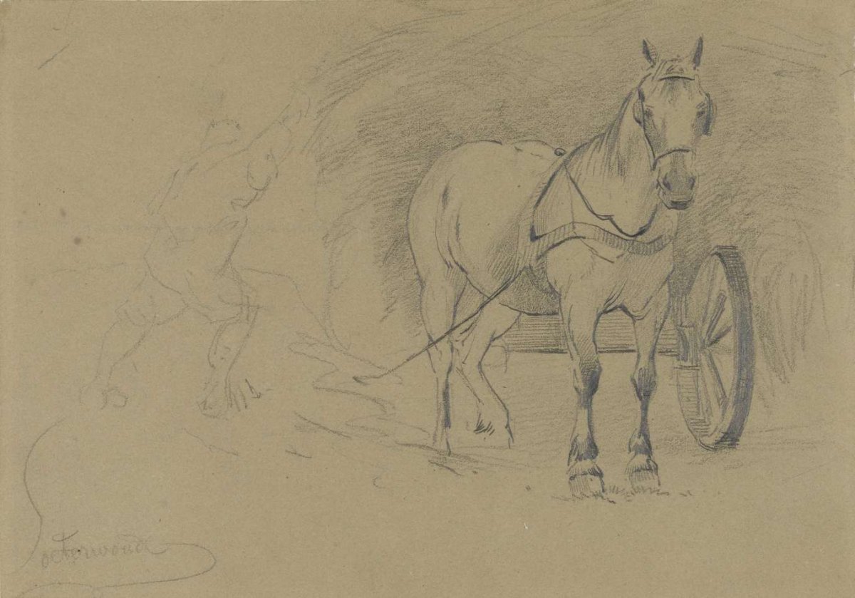 Horse in front of a hay wagon, Gerard Bilders, 1848 - 1865