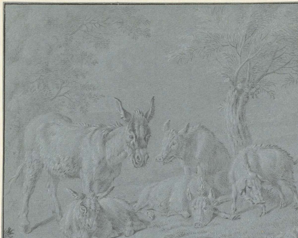 Pigs and donkeys under trees, Jan van Gool, 1695 - 1763