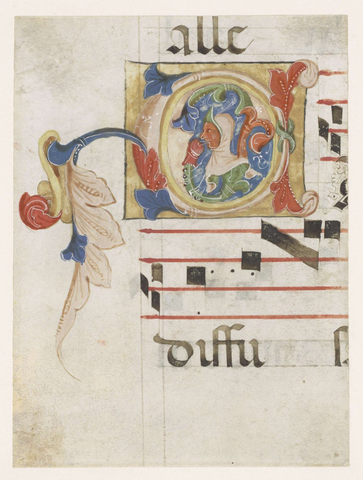 Fragment of a choir book: historiated initial C with a jester in fool's cap, anonymous, 1350 - 1400