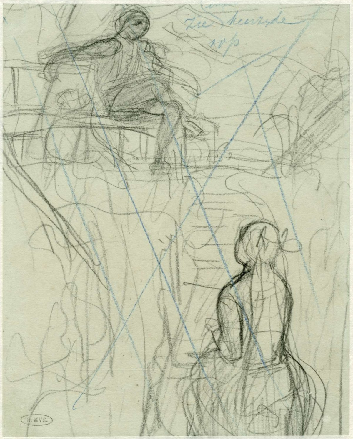 Pierced sketches of a standing and a seated figure, August Allebé, 1848 - 1927