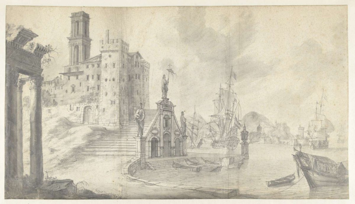 Port view in city on the Mediterranean Sea, Jan Abrahamsz. Beerstraten, 1632 - 1666