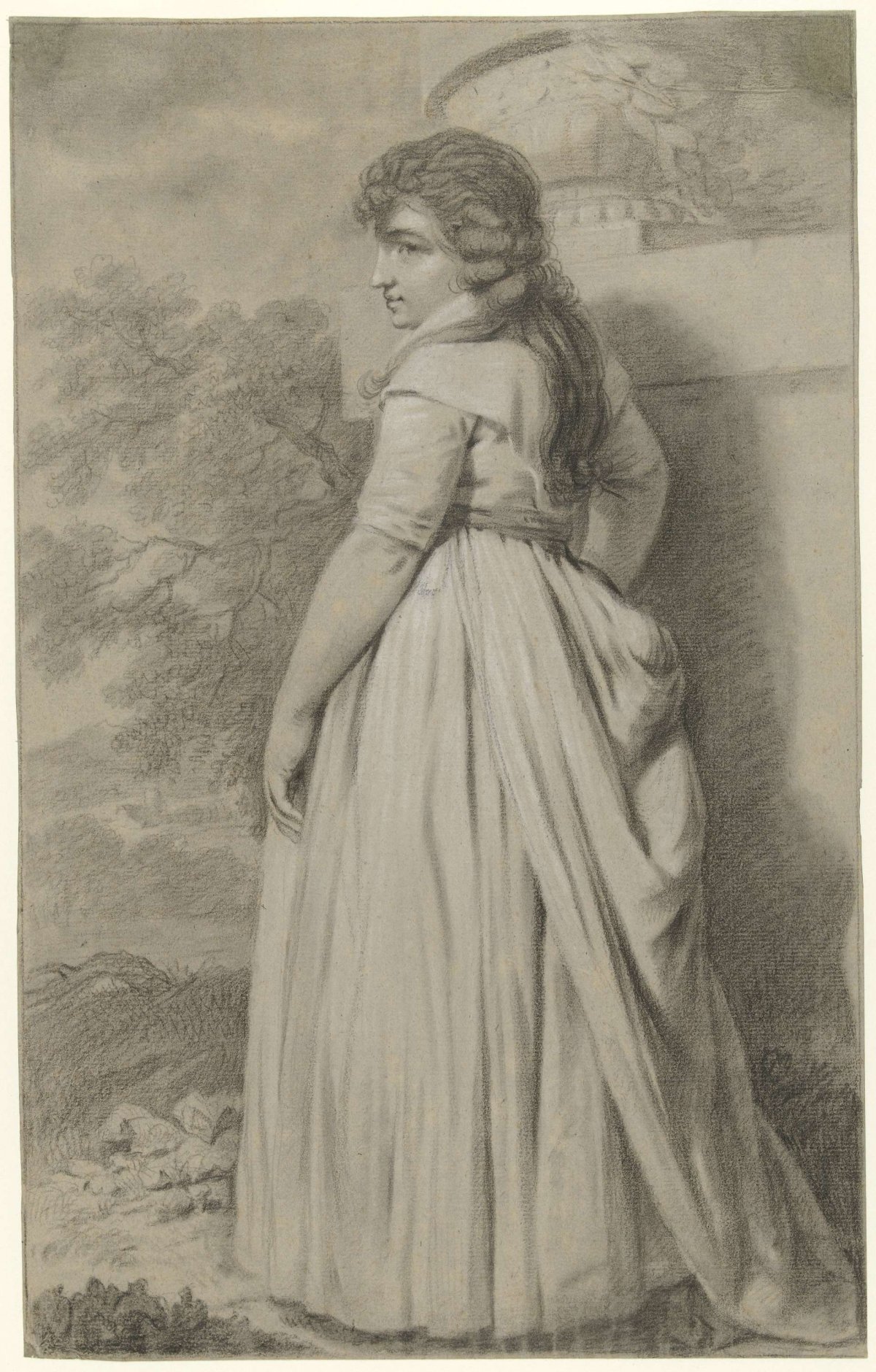 Young woman, seen from behind, standing in a garden, Taco Scheltema (I), 1770 - 1837