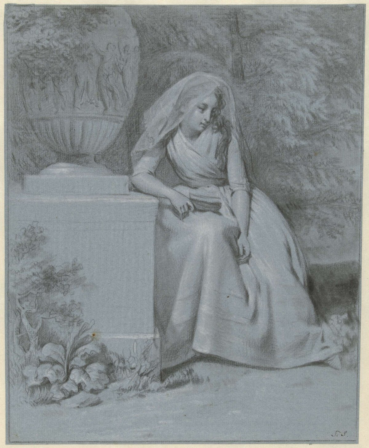 Woman sitting in a garden next to a large garden vase, Taco Scheltema (I), 1770 - 1837