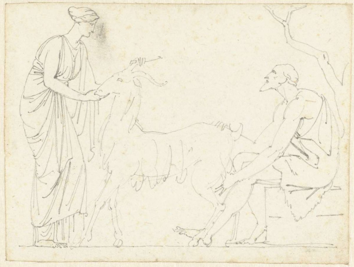 Standing woman and seated man on either side of a goat, David Pièrre Giottino Humbert de Superville, 1780 - 1849
