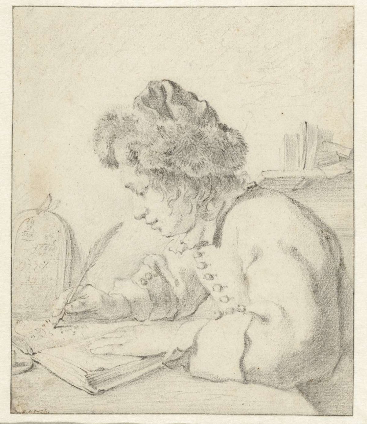 Young Man with a Fur Cap, Seated and Writing in an Account Book, Constantijn Verhout, c. 1650 - c. 1660