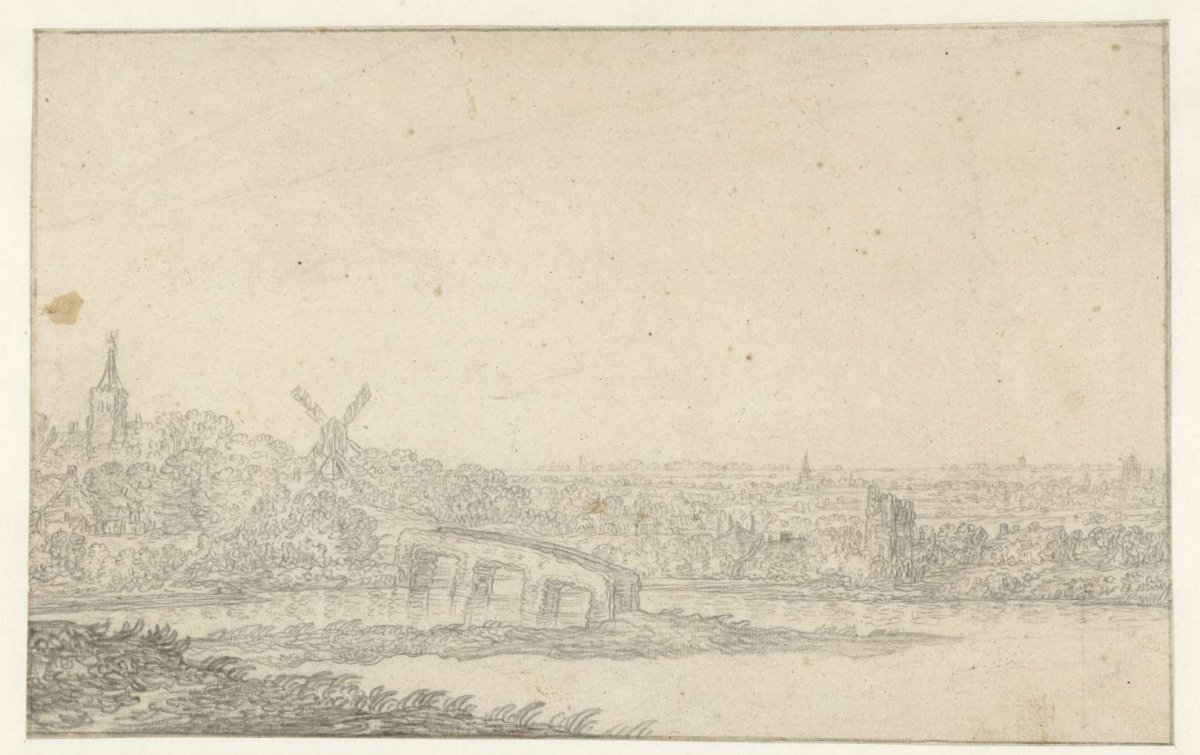 Landscape with a village and a stone bridge, Aelbert Cuyp, 1630 - 1691