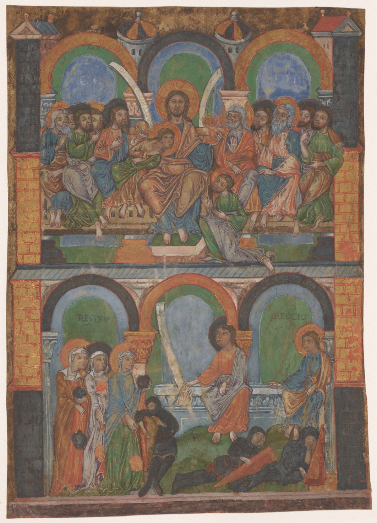 Fragment of a liturgical book: the Last Supper and the three women at the empty tomb, anonymous, 1100 - 1200