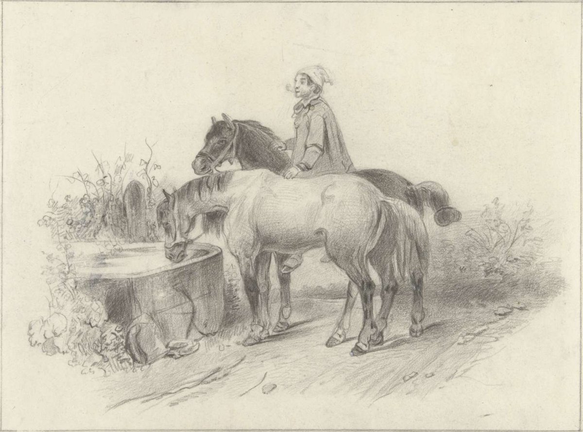 Farmer with two horses at a drinking trough, anonymous, c. 1800 - c. 1900