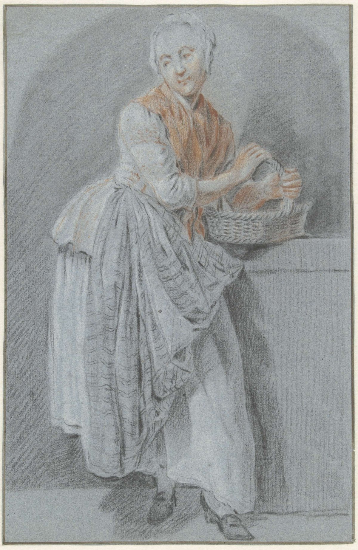 Standing woman with a basket, anonymous, c. 1700 - c. 1800