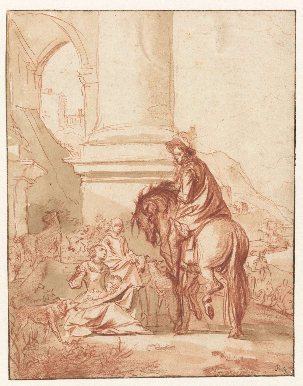 Rider greets two ladies in front of building porch, Nicolaes Pietersz Berchem, 1630 - 1683