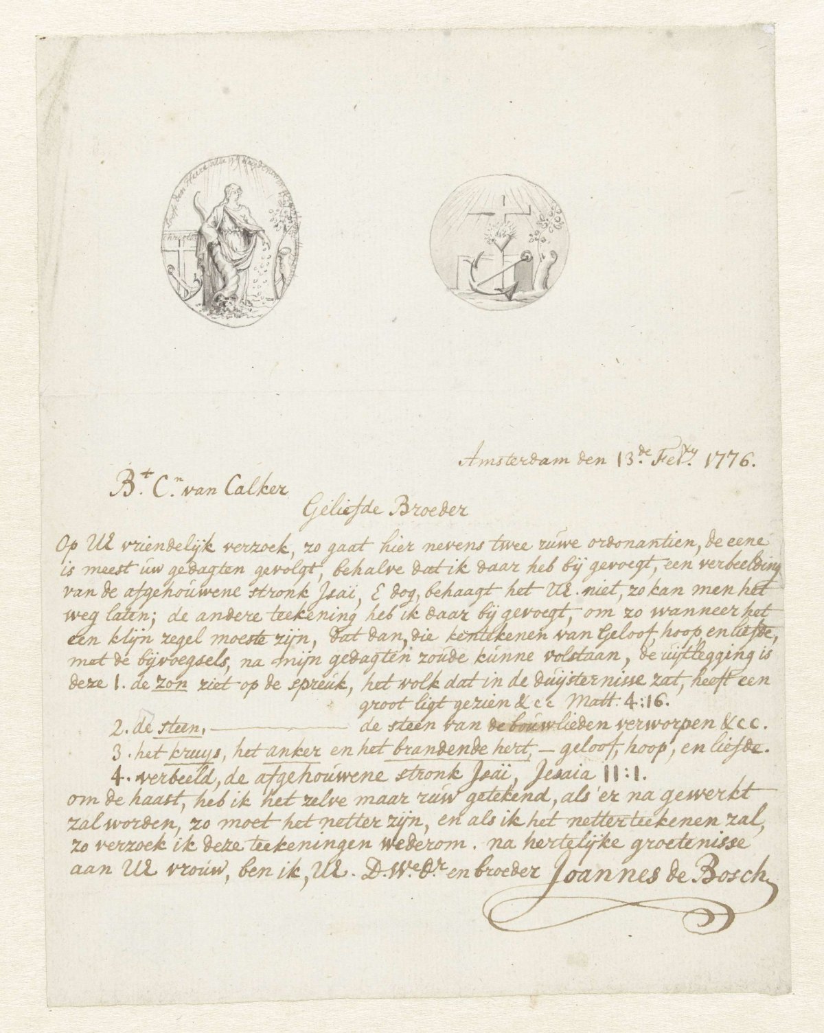 Letter with two designs for allegorical vignettes, Johannes de Bosch, 1776