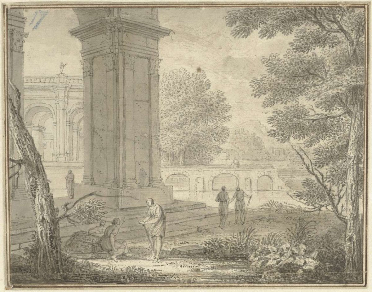 Arcadian landscape with ancient buildings and some figures, Louis Fabritius Dubourg, 1745
