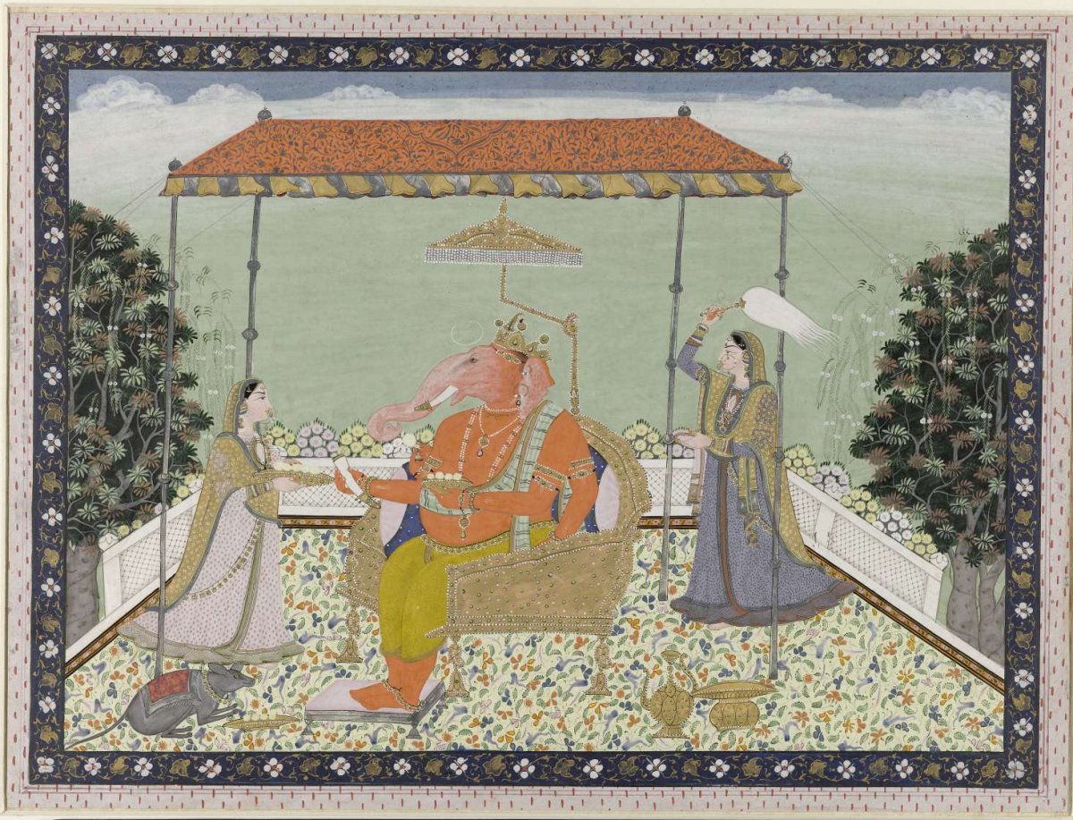 God Ganesa (Ganapati) with elephant trunk with his two servants Siddhi and Buddhi seated under a balcony line, anonymous, c. 1775 - c. 1823