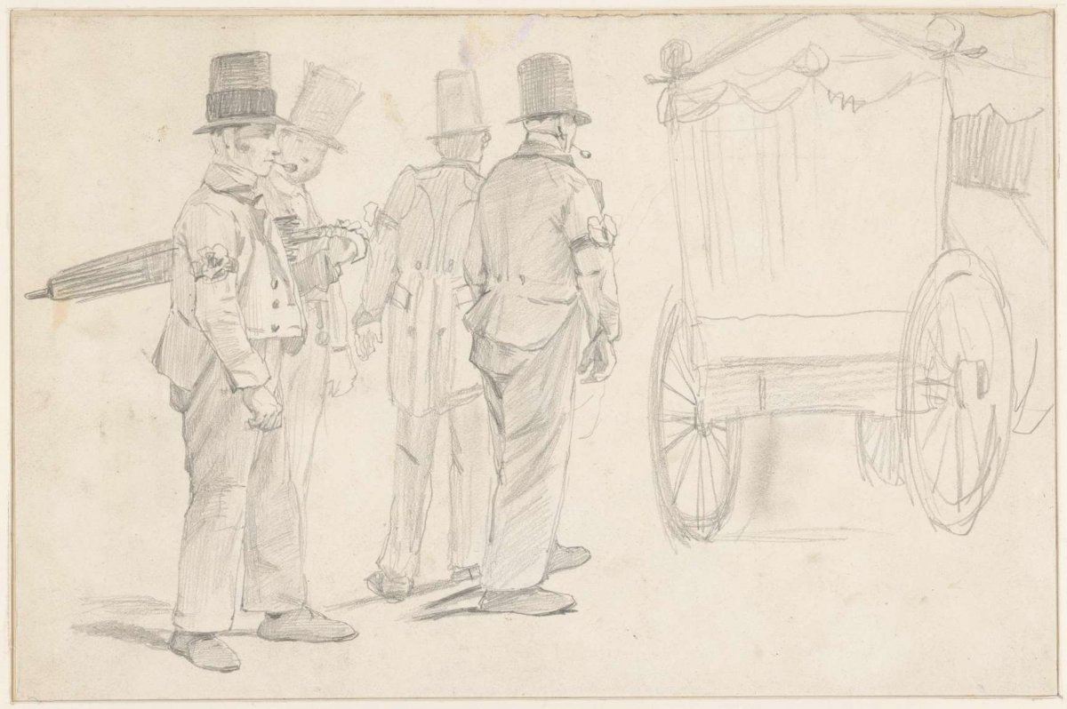 Group of four intercessors behind a hearse, Jan Weissenbruch, 1832 - 1880