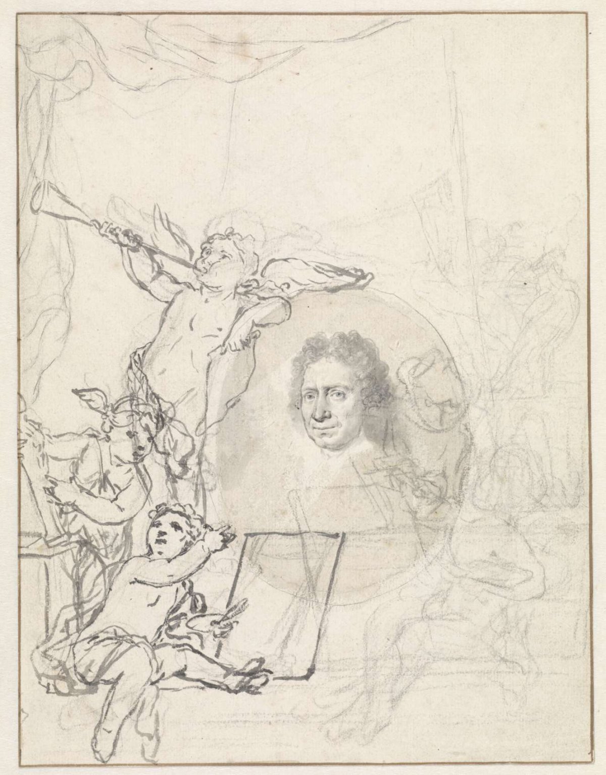 Portrait of Johannes Bronkhorst surrounded by putti, Nicolaas Verkolje, c. 1720 - c. 1725