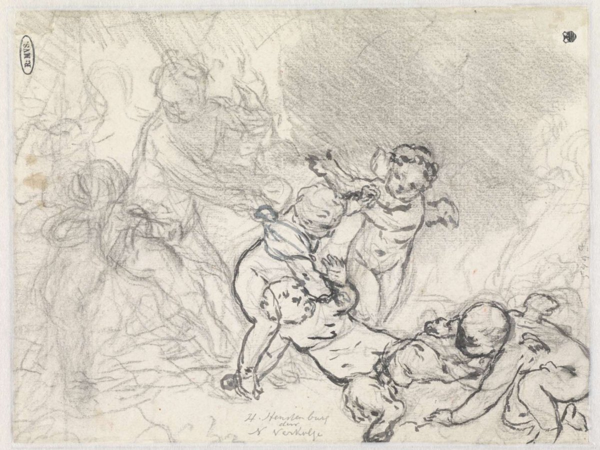 Sketch sheet with woman and putti, Nicolaas Verkolje, c. 1720 - c. 1725
