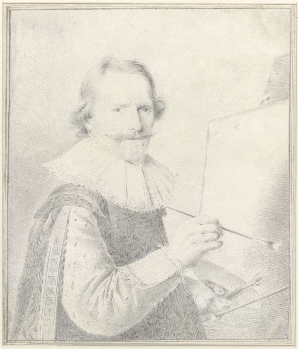 Portrait of the painter Frederik Hendricksz. Vroom, standing in front of an easel, anonymous, 1610 - 1667