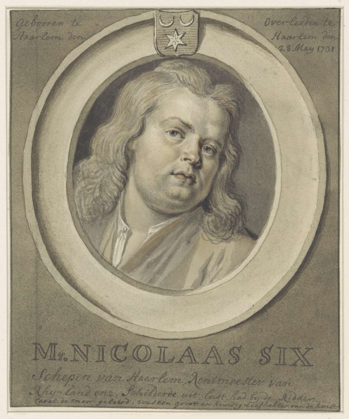 Portrait of Nicolaes Six, in oval, anonymous, 1704 - c. 1781