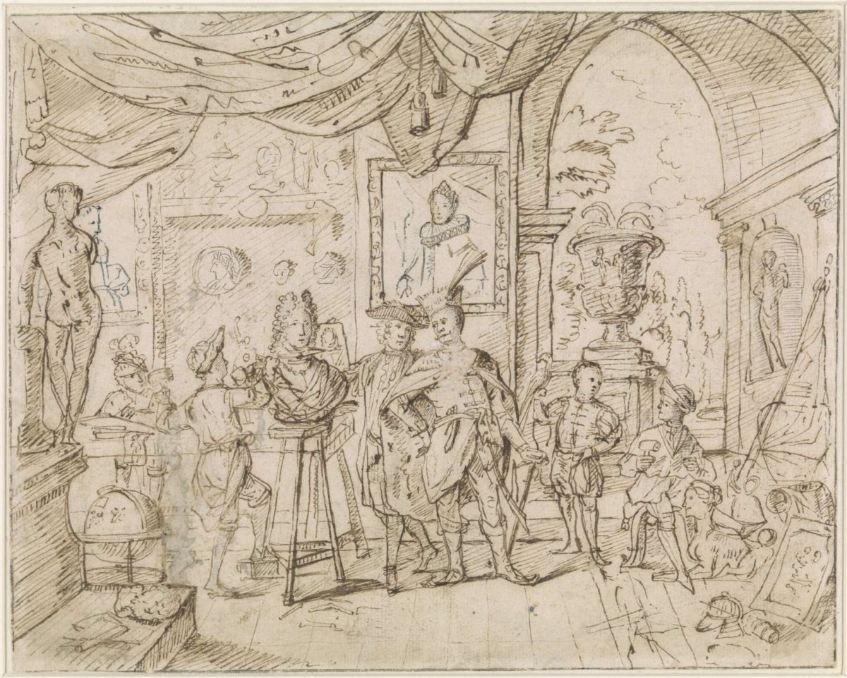 Visit to the workshop of W. van de Berge, anonymous, 1650 - 1750